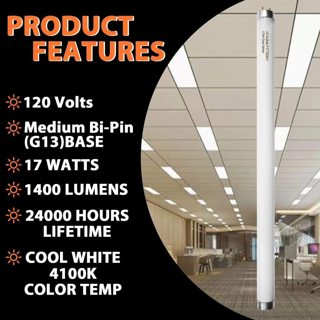 8 Pack 24 inch 17 Watts T8 Fluorescent Tube Light 4100K Cool White Y571