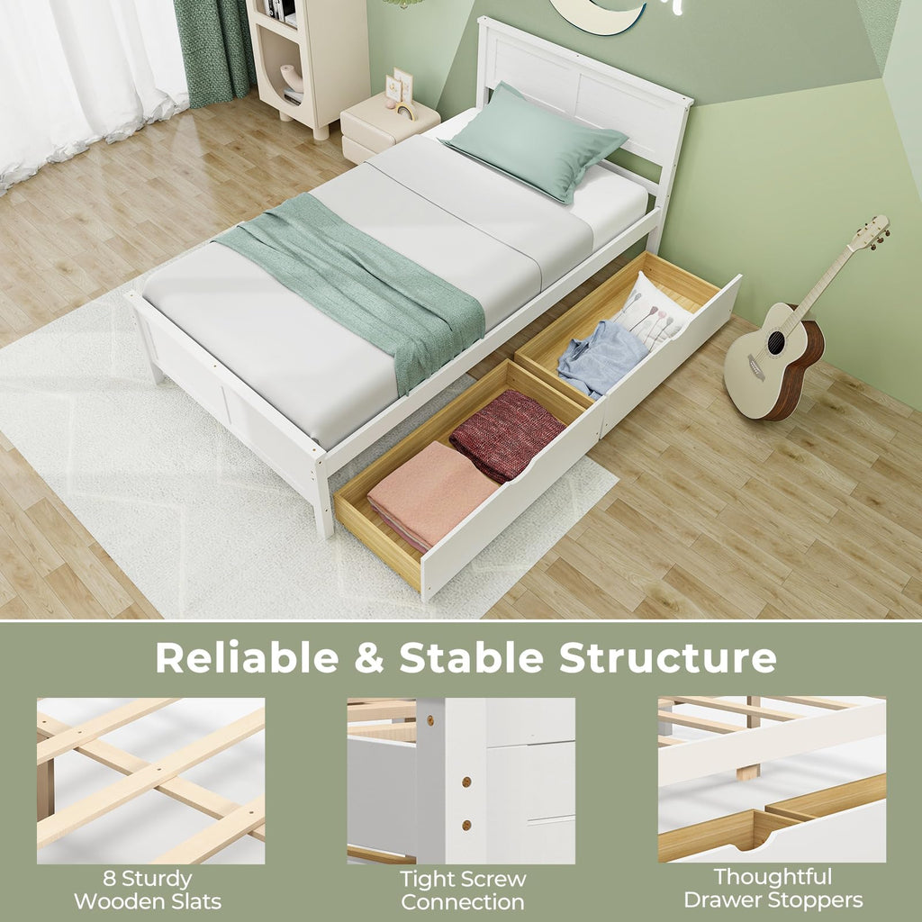 White Wood Twin Bed with 2 Storage Drawers Q782030