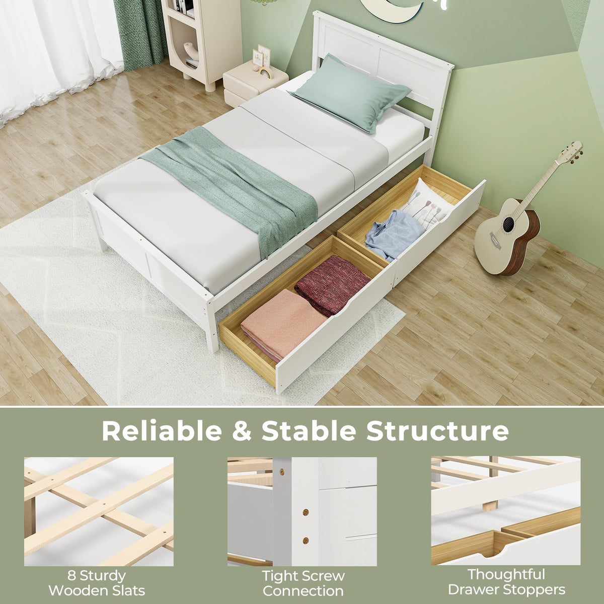 White Wood Twin Bed with 2 Storage Drawers Q782030