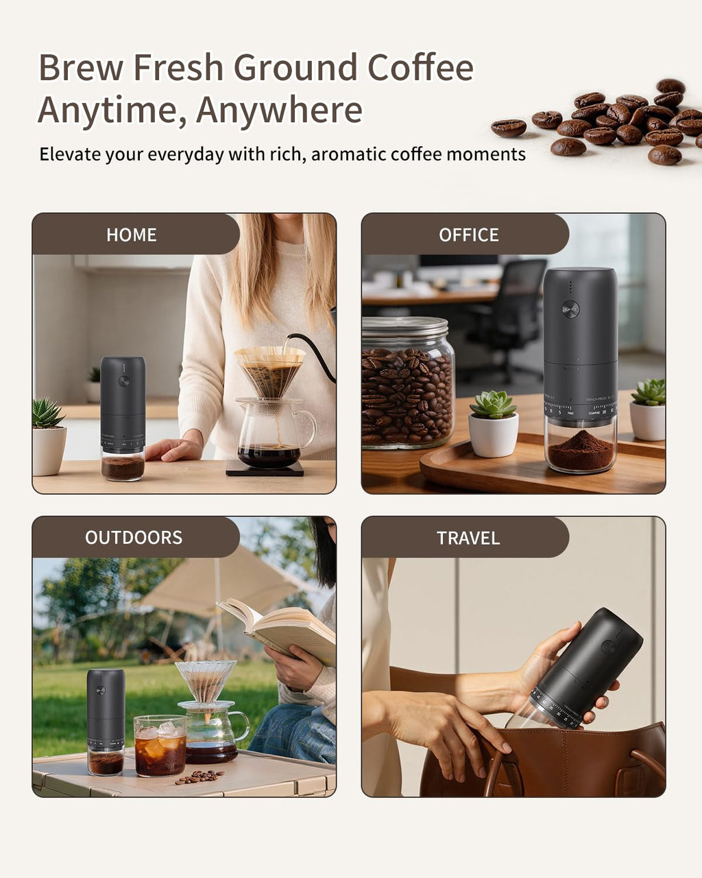 Rechargeable Electric Burr Coffee Grinder with Stainless Steel Conical Burr, Black F1056