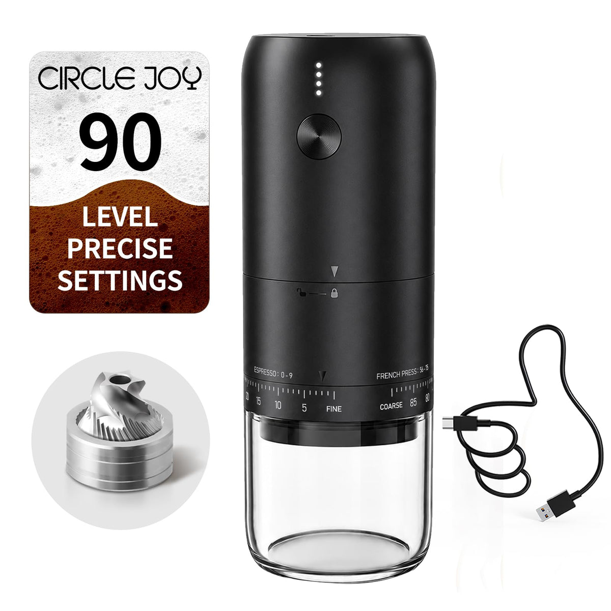 Rechargeable Electric Burr Coffee Grinder with Stainless Steel Conical Burr, Black F1056