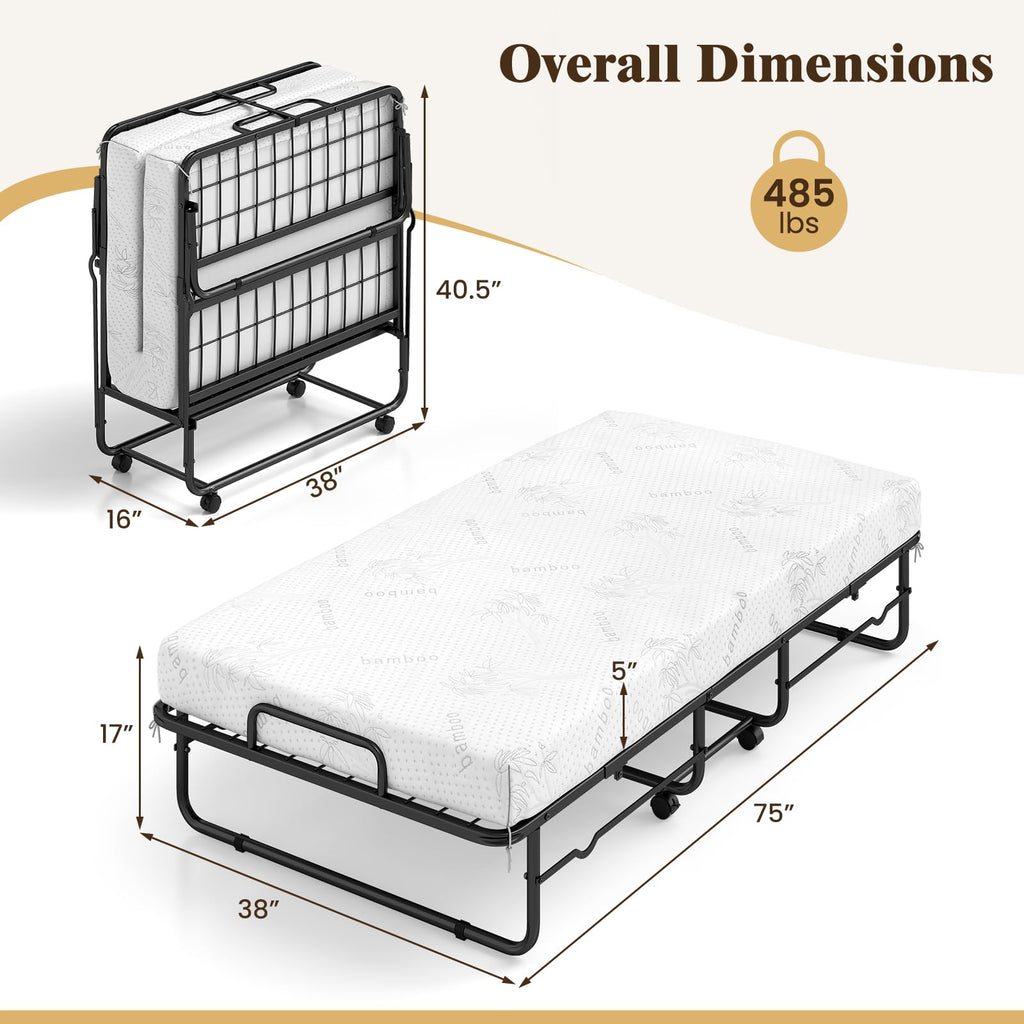 Folding Bed with 5-Inch Mattress, Twin Size Foldable Guest Bed with Metal Frame B43183