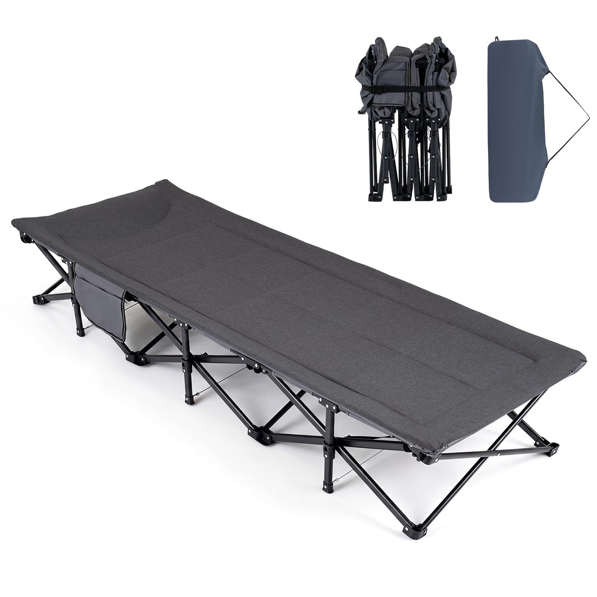 Camping Cot with Padded Pillow, Carry Bag, 600 lbs, Grey L120014