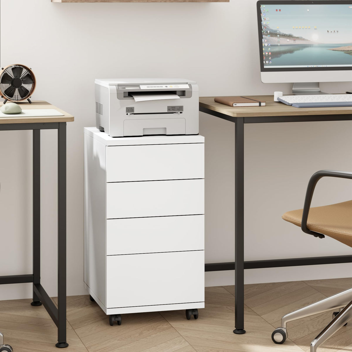 White 4 Drawer Wood Storage Cabinet with Wheels X791