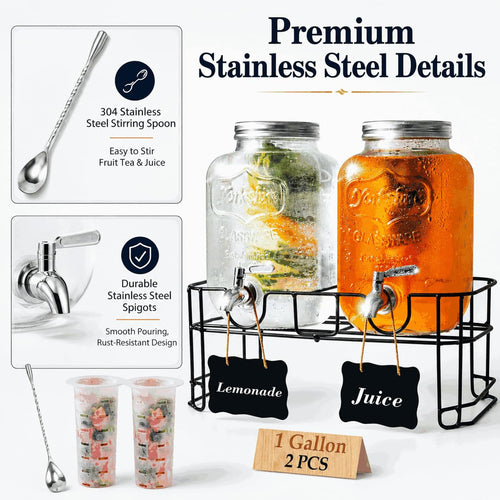 2-Pack 1-Gallon Glass Drink Dispensers with Wire Stand N58126