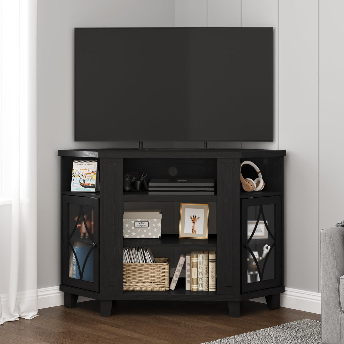 Corner TV Stand up to 55 Inch with Storage Wood Media Console Cabinet Satin Black J570
