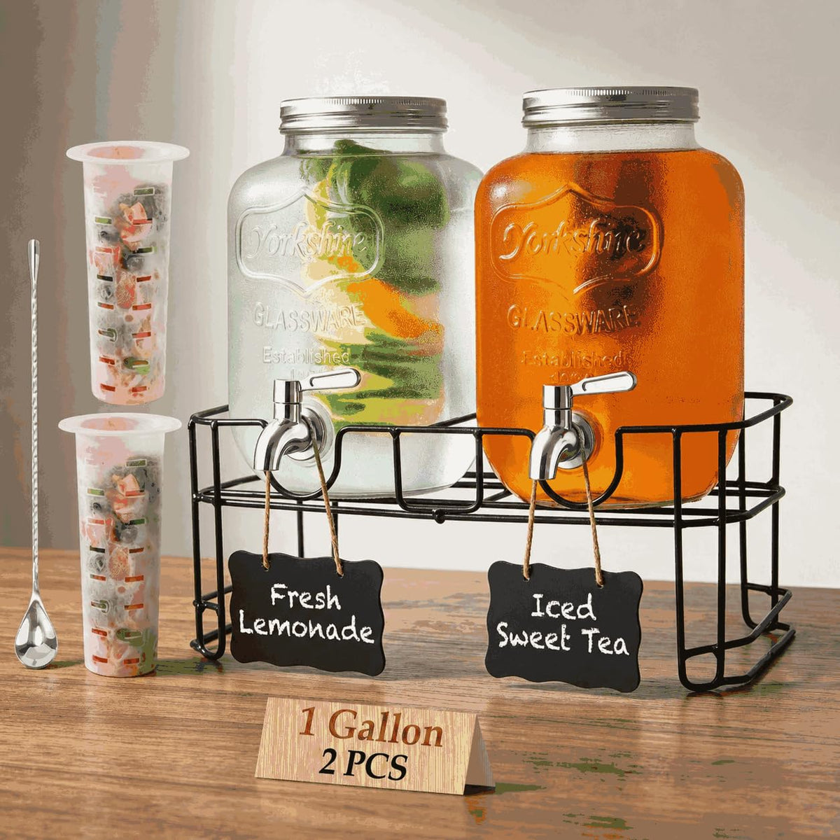 2-Pack 1-Gallon Glass Drink Dispensers with Wire Stand N58126
