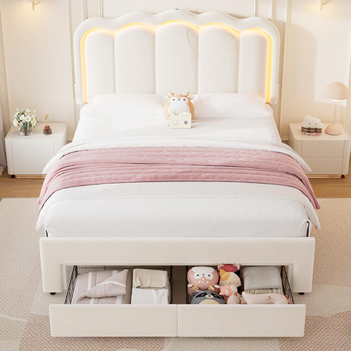 Beige Velvet Upholstered LED Bed Frame with 2 Storage Drawers M608