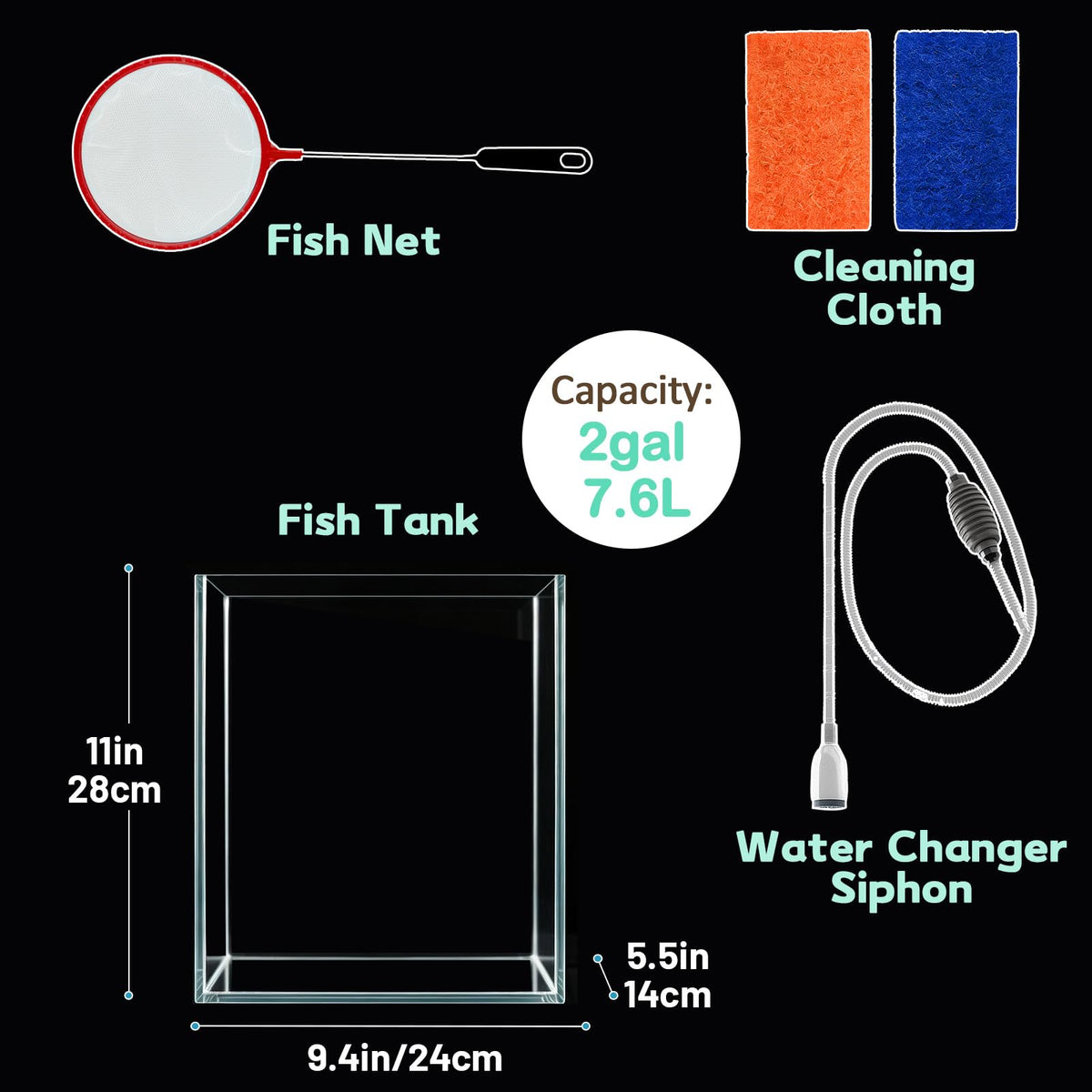 2 Gallon Glass Fish Tank Starter Kit with Fish Net T15393