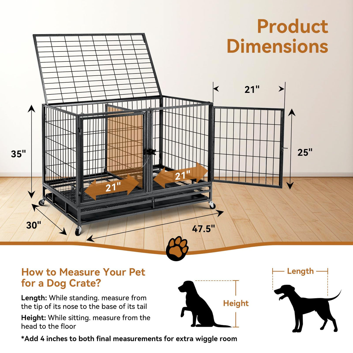 48 inch Large Wire Dog Crate with Lockable Wheels W829187