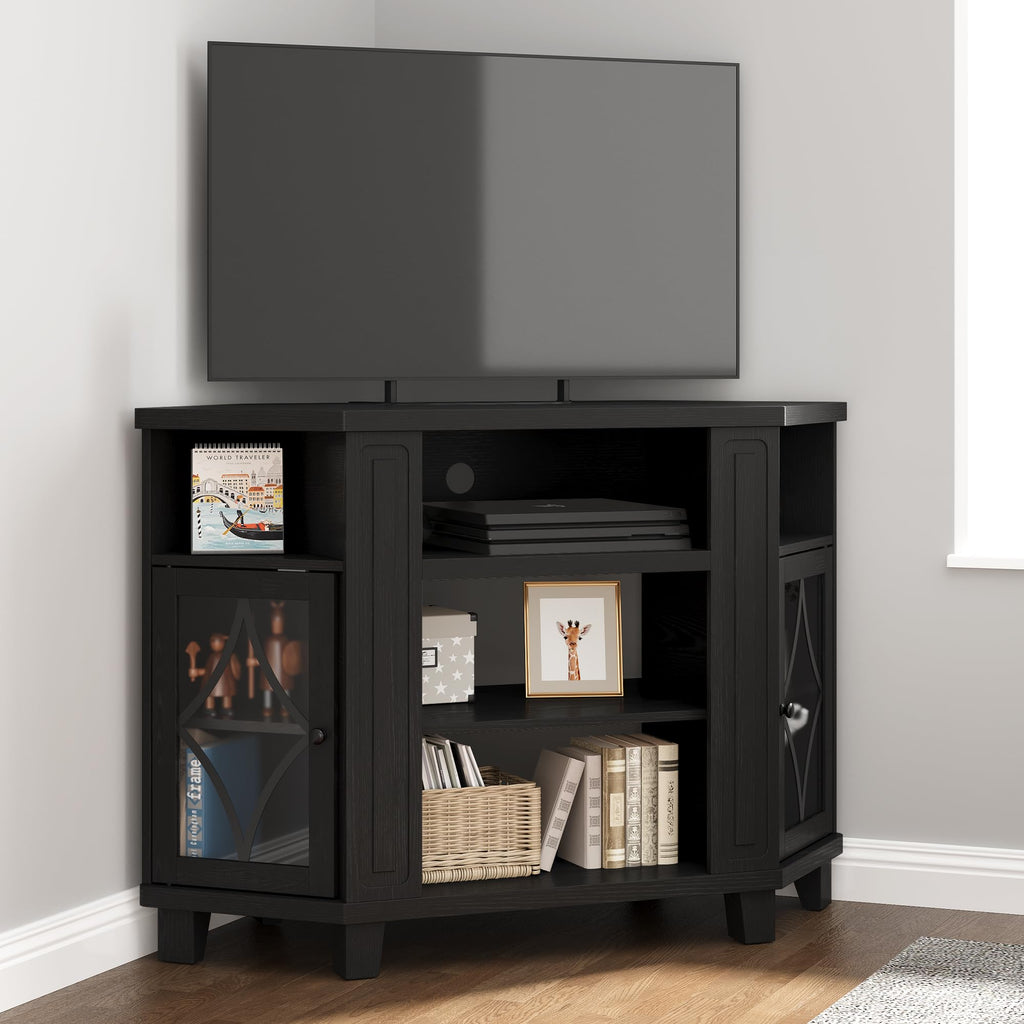Corner TV Stand up to 55 Inch with Storage Wood Media Console Cabinet Satin Black J570