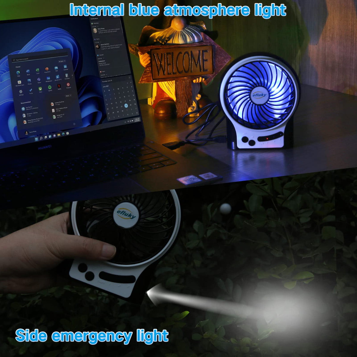 4.9-Inch Mini Desk Fan, 3 Speeds, Rechargeable USB Powered with LED Light, Black H842