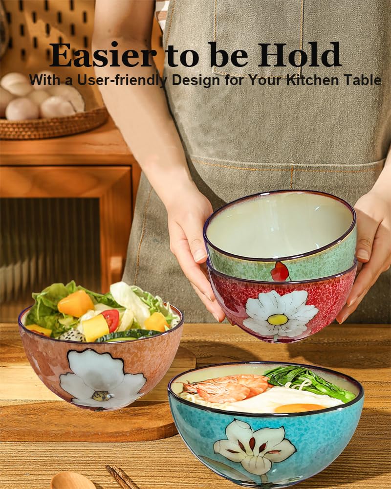 Ceramic Cereal Bowl Set of 4, 28oz Floral Pattern, Microwave Safe Q903