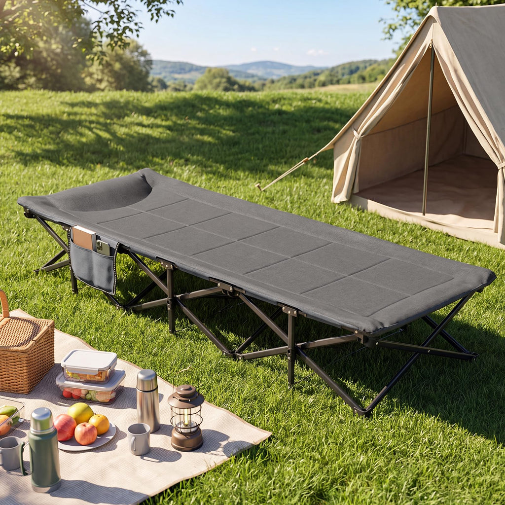 Camping Cot with Padded Pillow, Carry Bag, 600 lbs, Grey L120014
