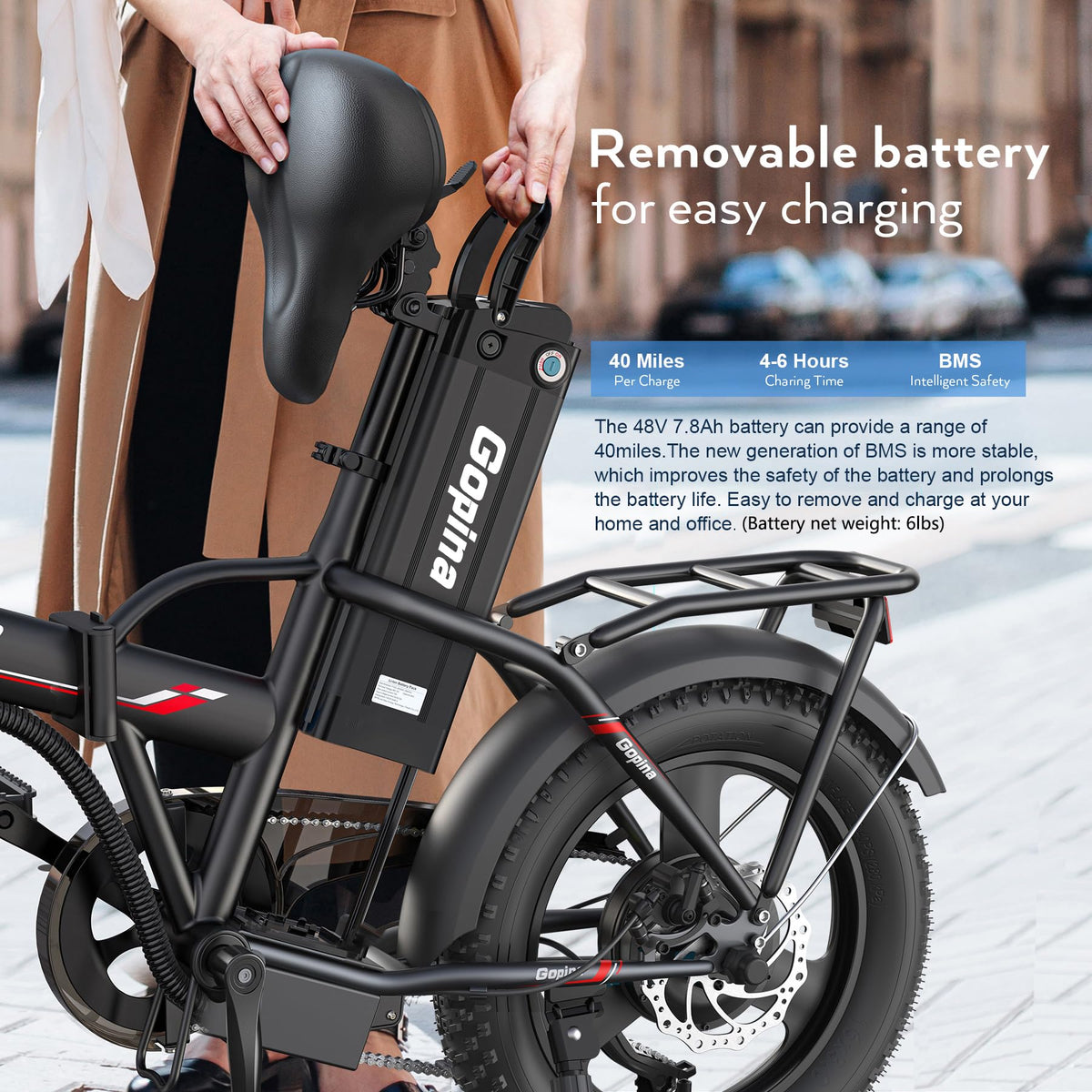 Peak 500W Step Over Electric Bicycle, 16" x 3.0 Fat Tire, 48V Removable Battery, 7 Speed B805989
