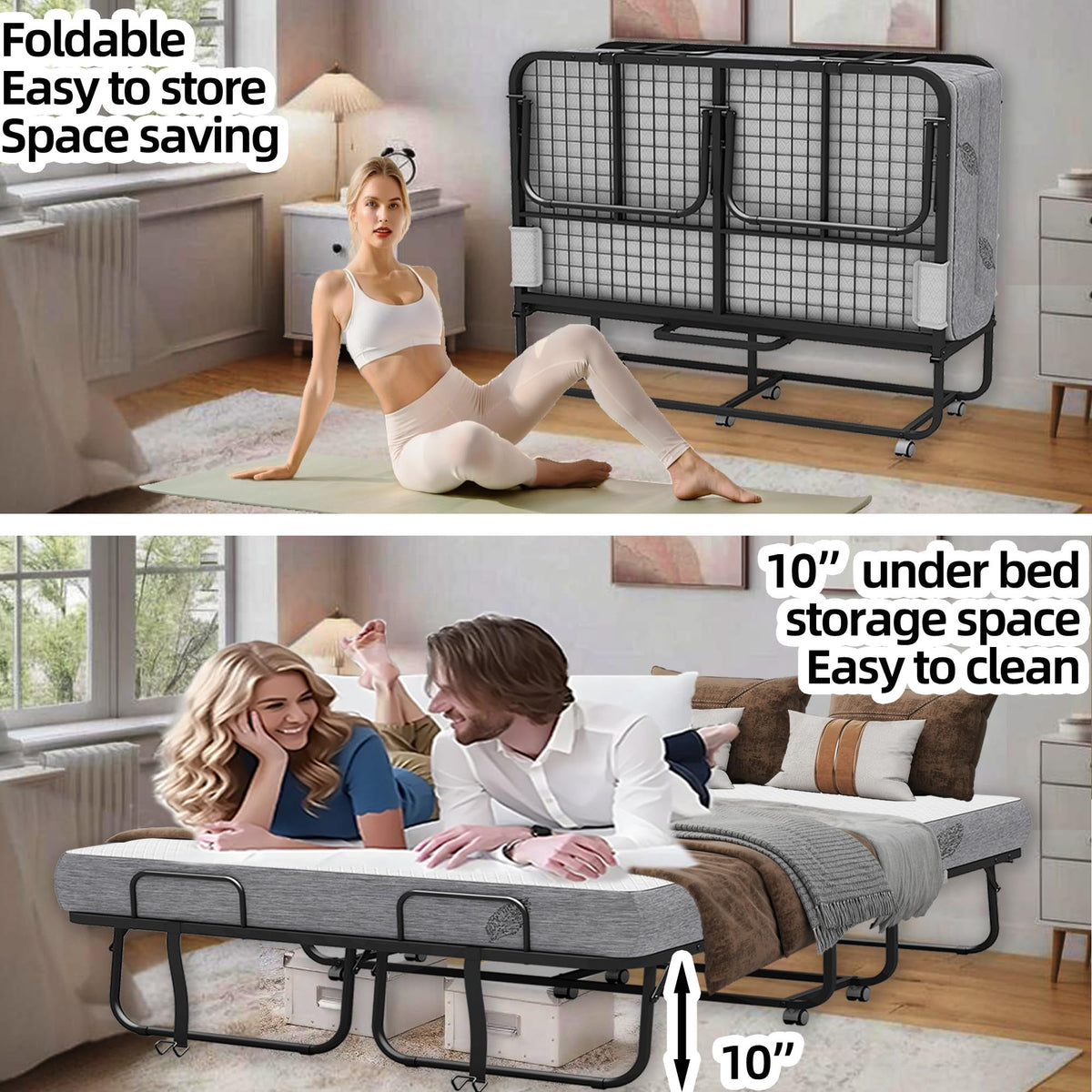 Folding Bed with Mattress Full Size 75 X 54 inch Memory Foam on Wheels Z235739