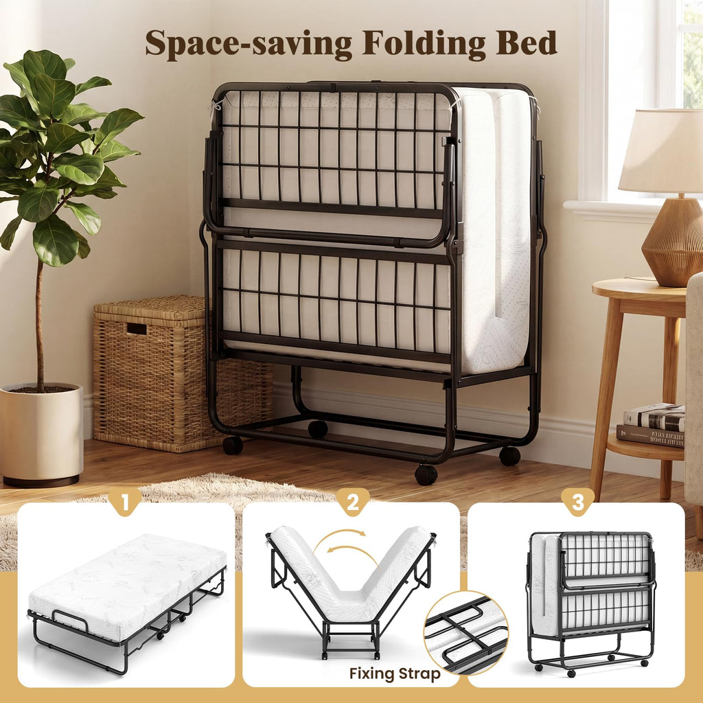 Folding Bed with 5-Inch Mattress, Twin Size Foldable Guest Bed with Metal Frame B43183