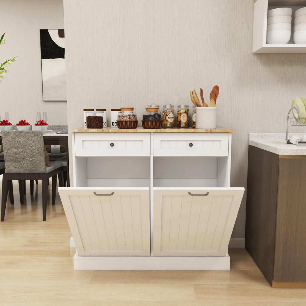 White 20 Gallon Wooden Tilt Out Trash and Recycling Cabinet B304