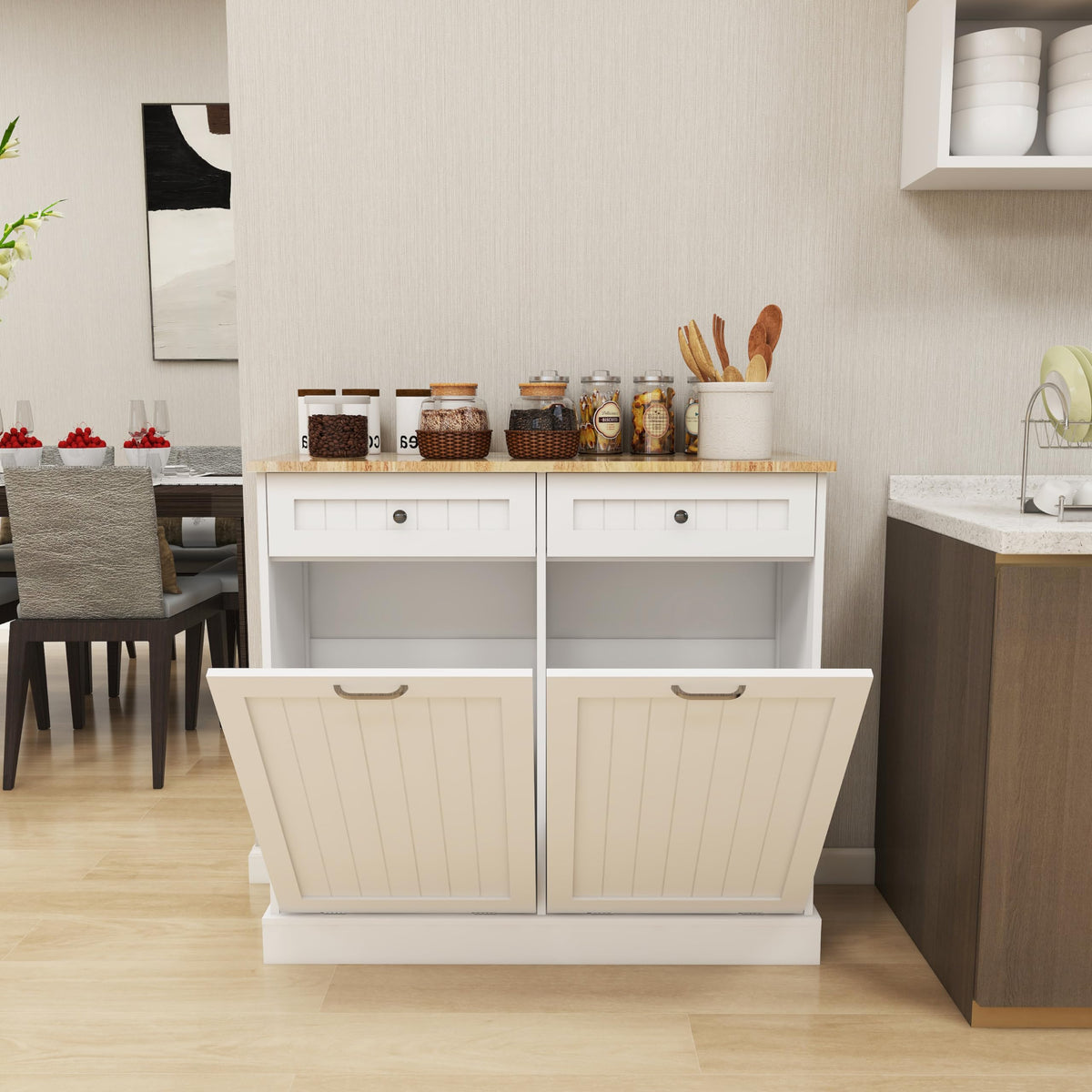 White 20 Gallon Wooden Tilt Out Trash and Recycling Cabinet B304
