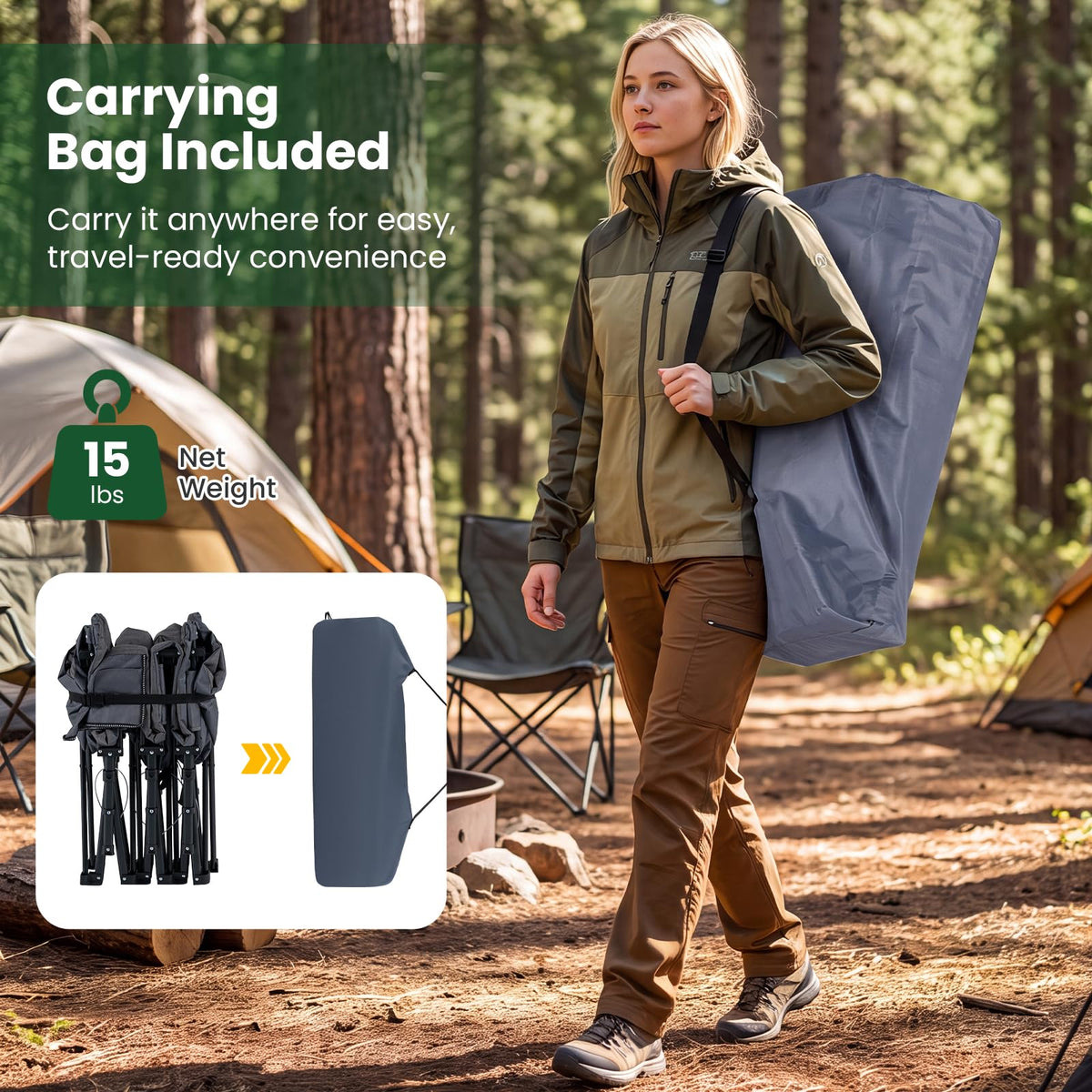 Camping Cot with Padded Pillow, Carry Bag, 600 lbs, Grey L120014