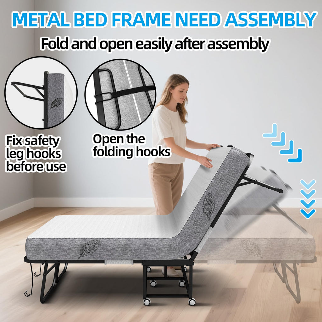 Folding Bed with Mattress Full Size 75 X 54 inch Memory Foam on Wheels Z235739
