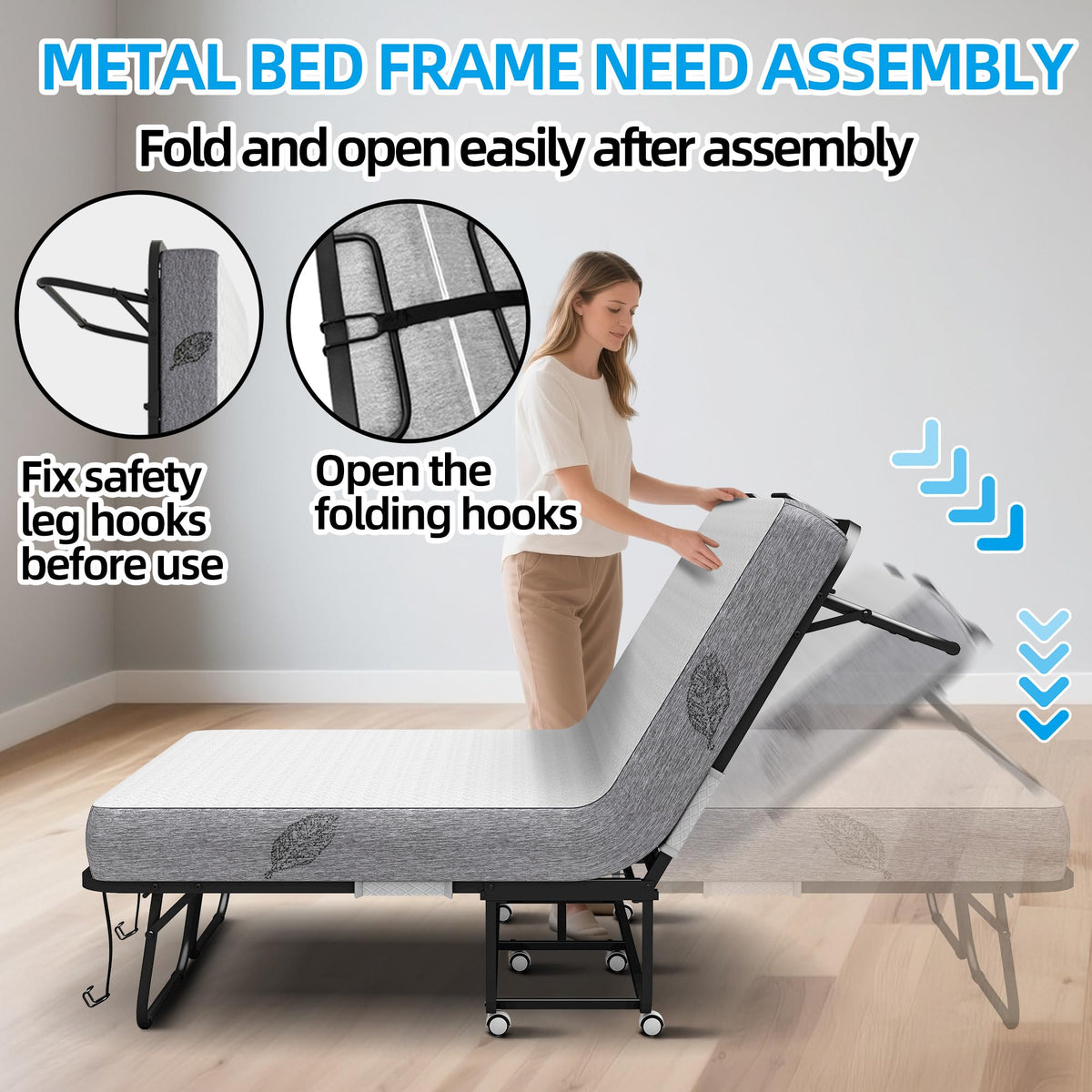 Folding Bed with Mattress Full Size 75 X 54 inch Memory Foam on Wheels Z235739