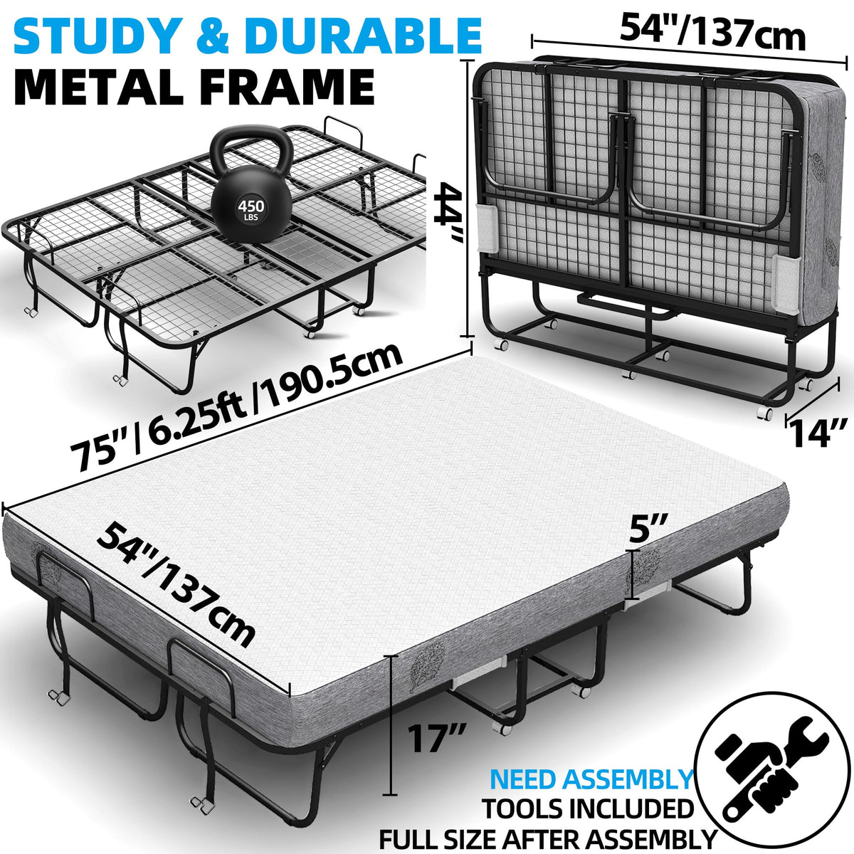 Folding Bed with Mattress Full Size 75 X 54 inch Memory Foam on Wheels Z235739