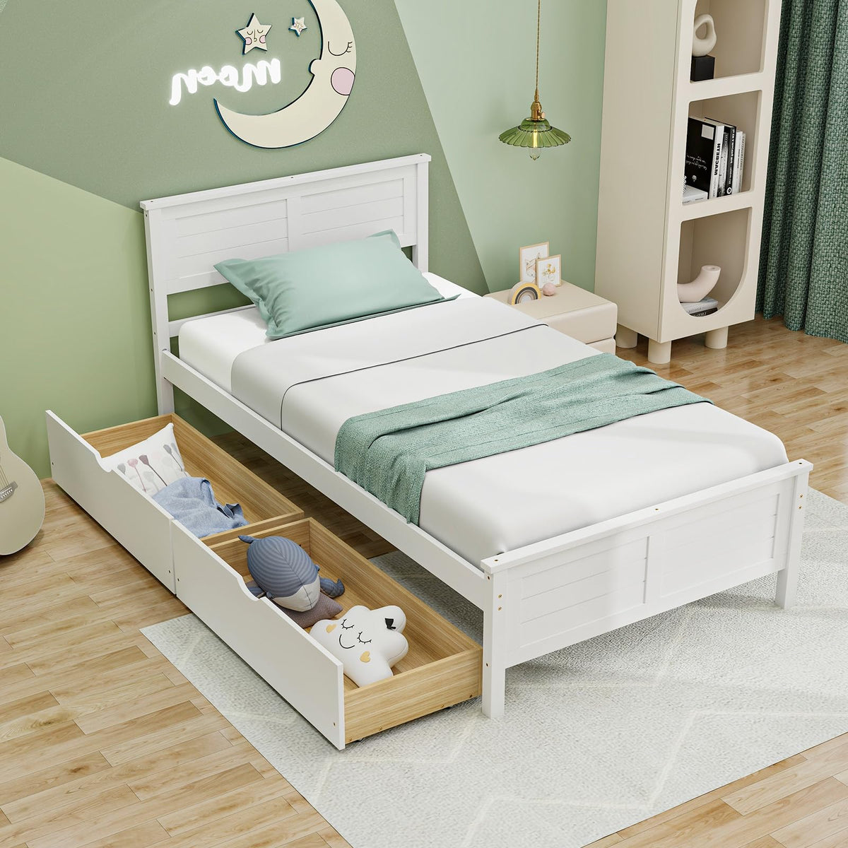White Wood Twin Bed with 2 Storage Drawers Q782030