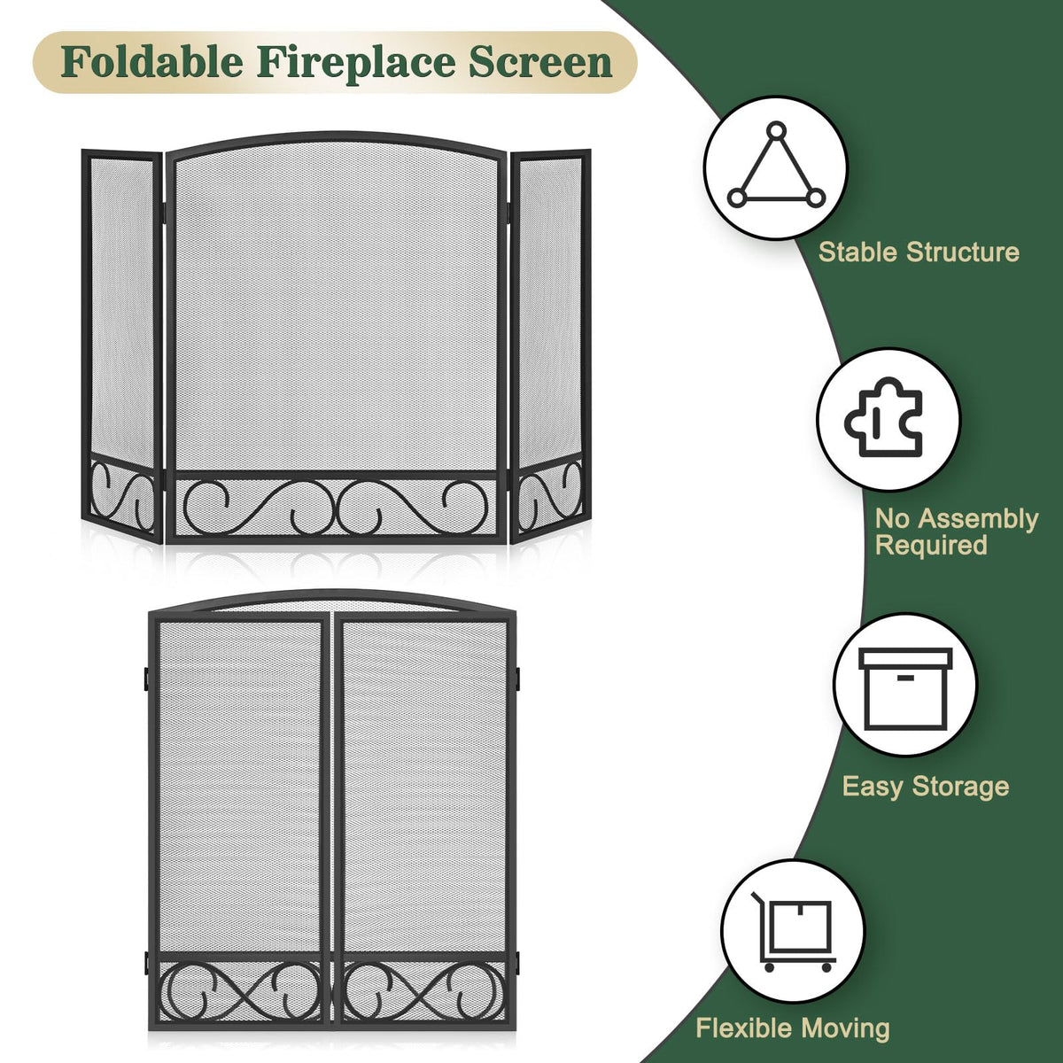 3 Panel Wrought Iron Fireplace Screen W4674