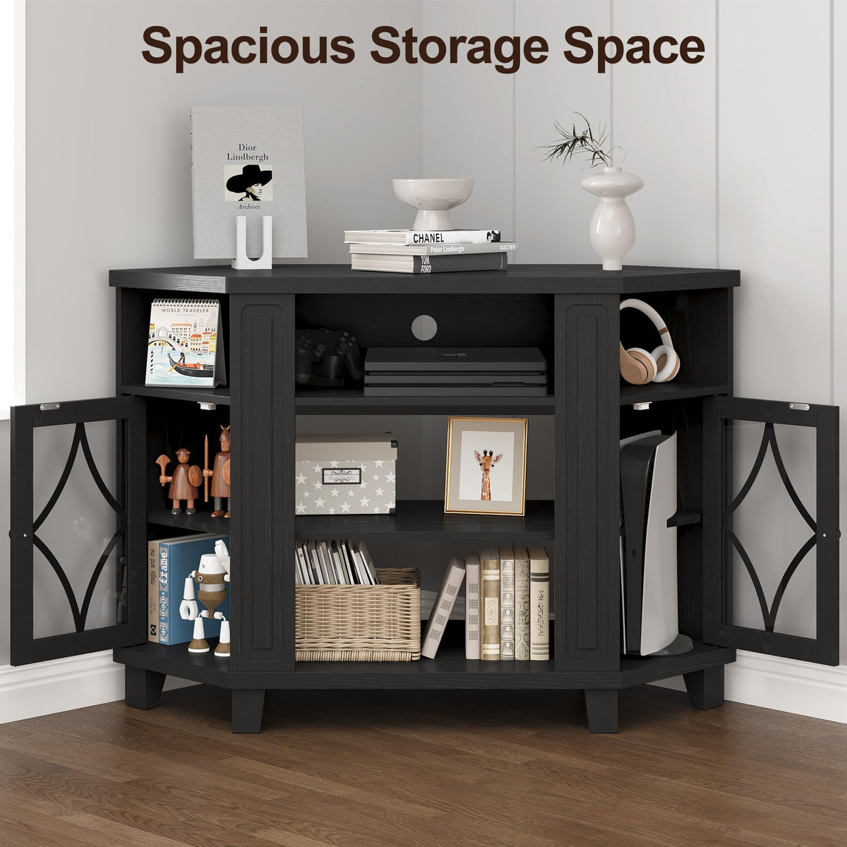 Corner TV Stand up to 55 Inch with Storage Wood Media Console Cabinet Satin Black J570