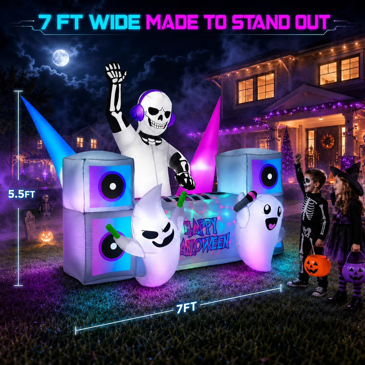 7FT Halloween Inflatable Skeleton DJ Ghosts with Multi-Color LEDs J850200