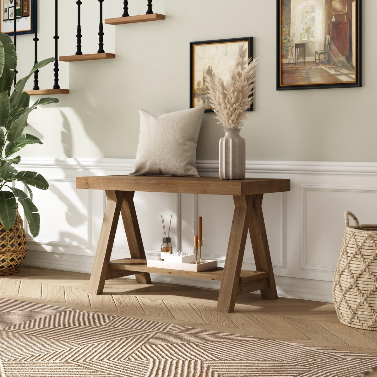 Solid Wood Bench with Shoe Storage T91008