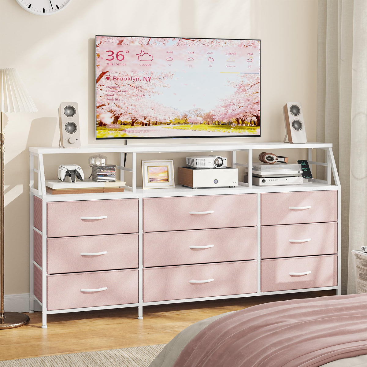 Pink 9 Fabric Drawer Dresser A854719