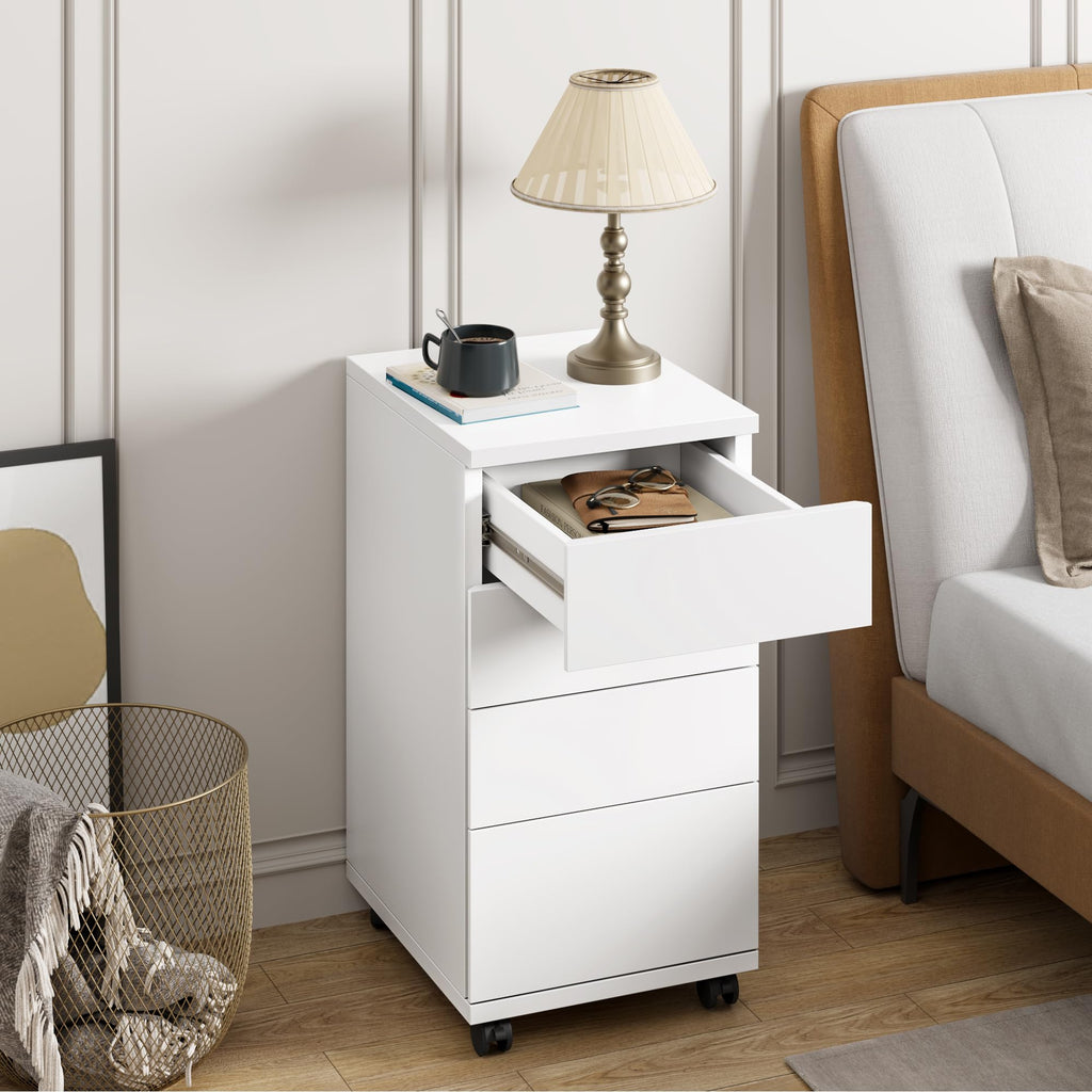 White 4 Drawer Wood Storage Cabinet with Wheels X791