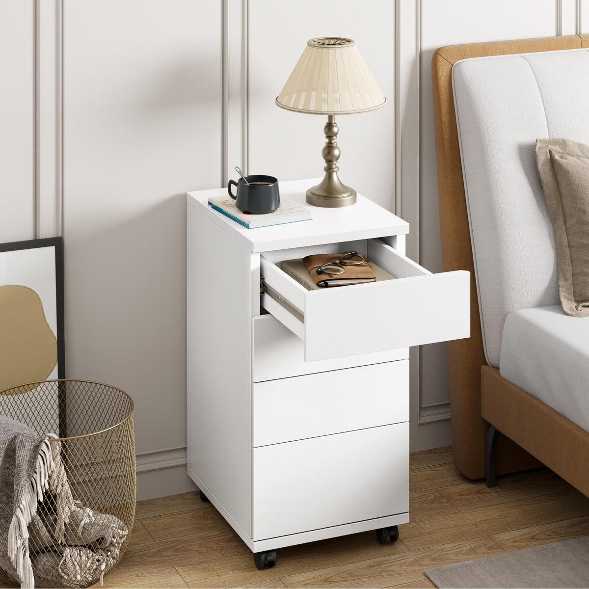 White 4 Drawer Wood Storage Cabinet with Wheels X791