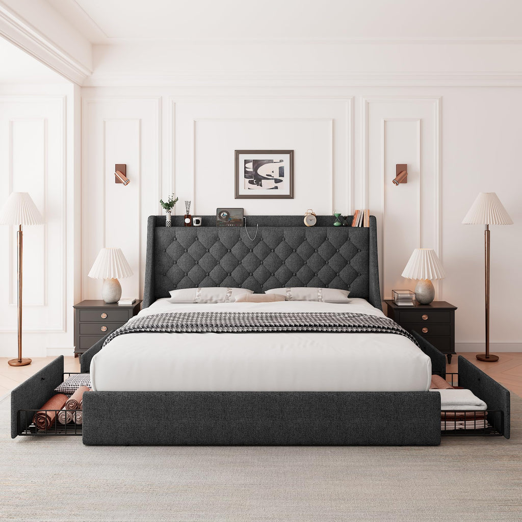 Queen Bed Frame with 4 Storage Drawers Upholstered Dark Grey X647