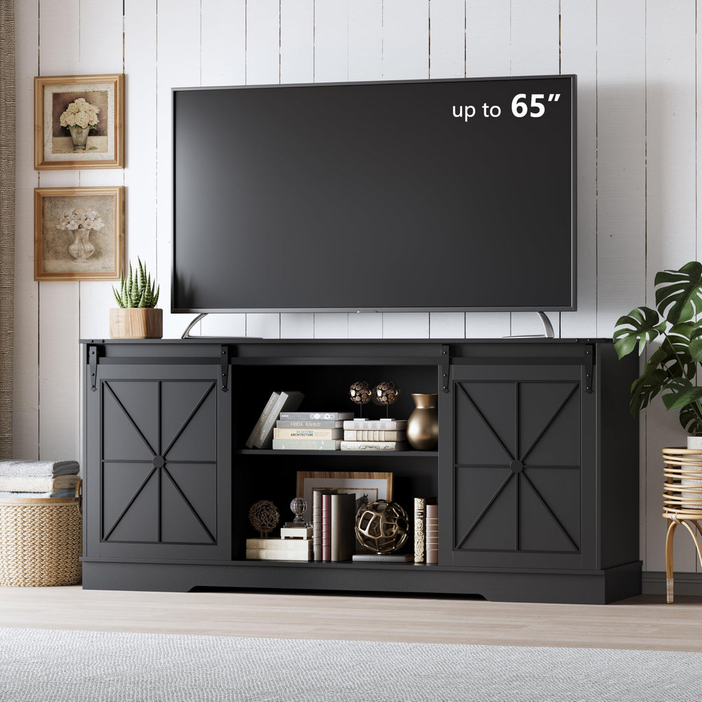 Black Farmhouse TV Stand with Storage Cabinets & Sliding Barn Doors I8036