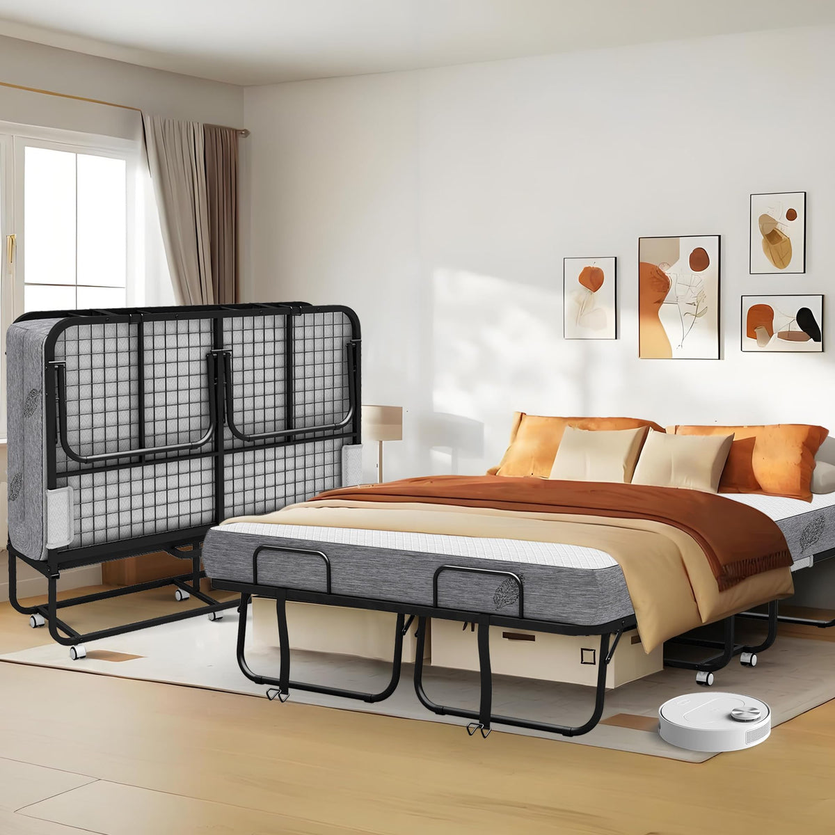 Folding Bed with Mattress Full Size 75 X 54 inch Memory Foam on Wheels Z235739