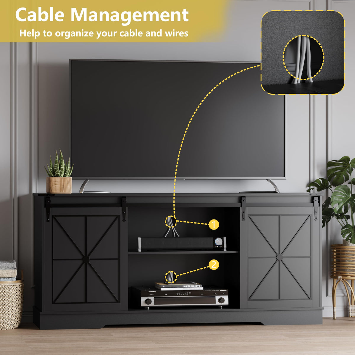 Black Farmhouse TV Stand with Storage Cabinets & Sliding Barn Doors I8036