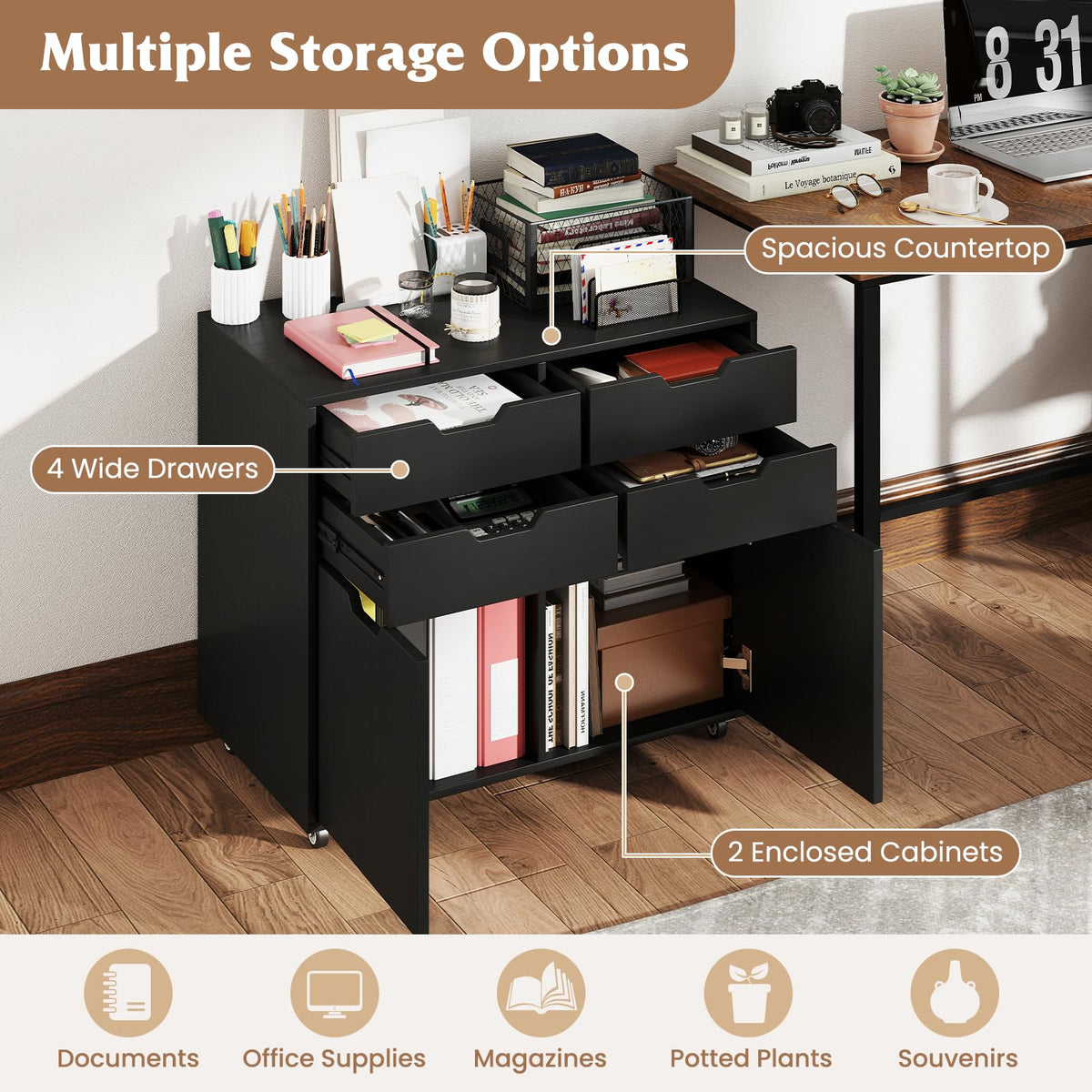 Black 4-Drawer Rolling File Cabinet M6199