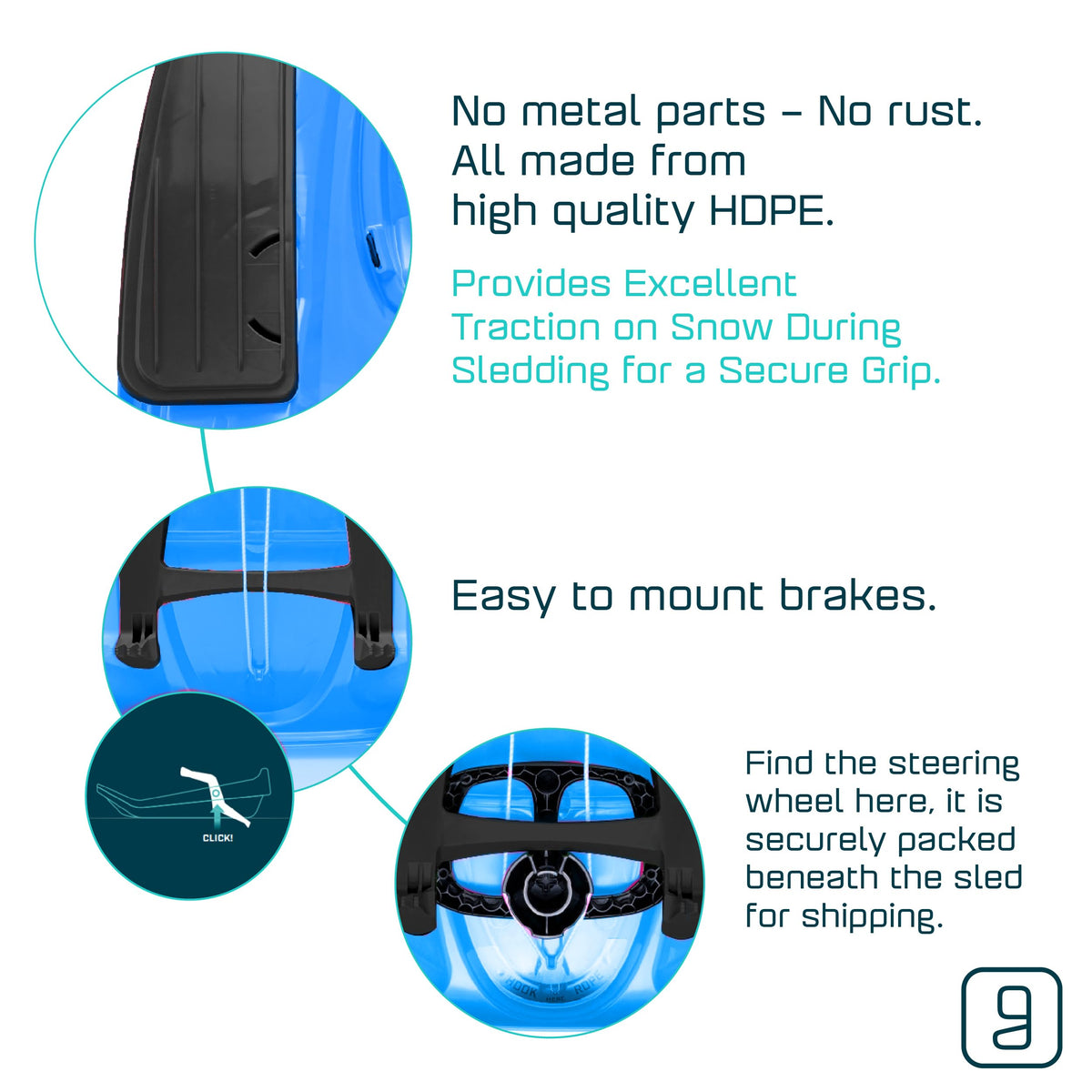 Snow Sled with Steering Wheel, Pull Up Brake, Anti-Slip Seat I624