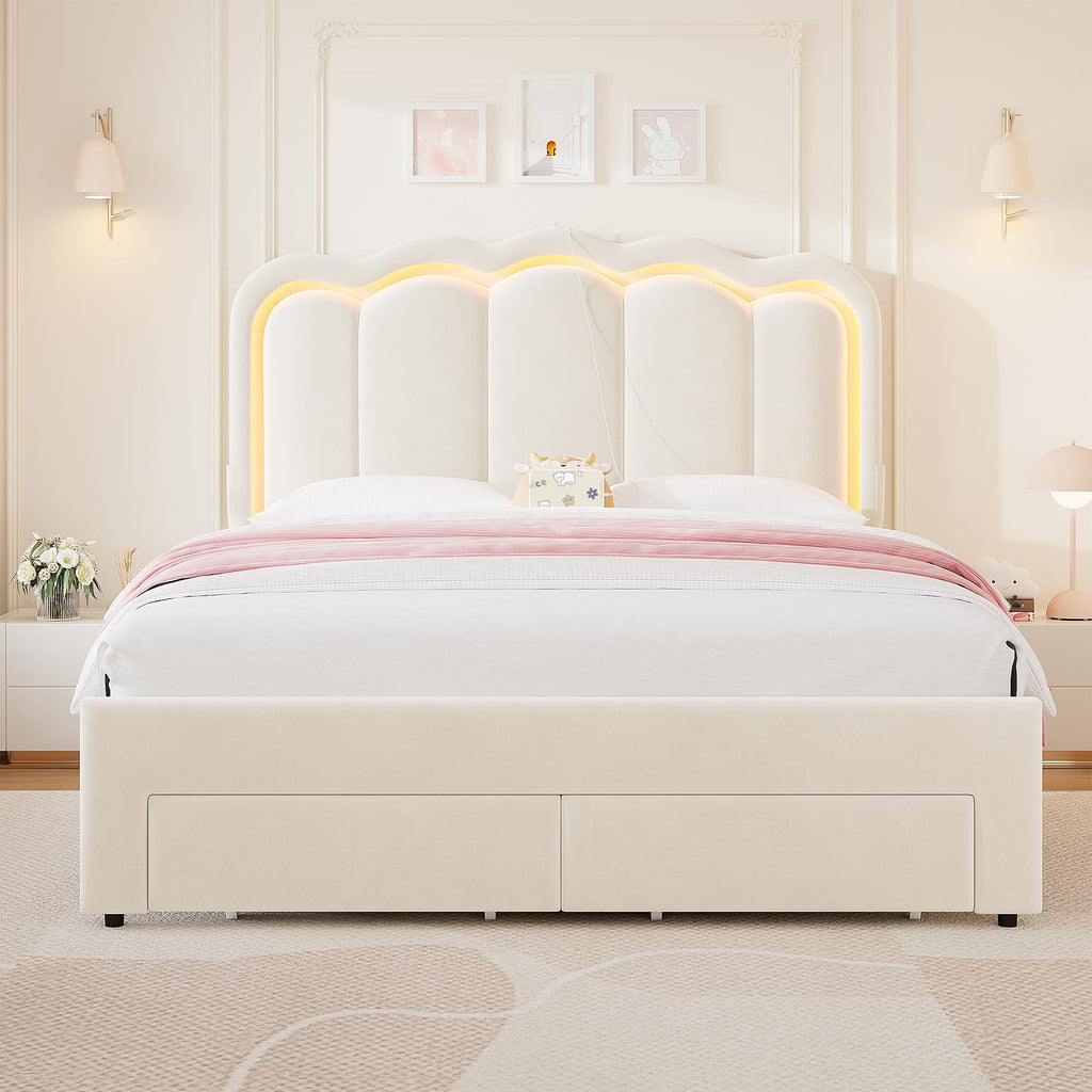 Beige Velvet Upholstered LED Bed Frame with 2 Storage Drawers M608