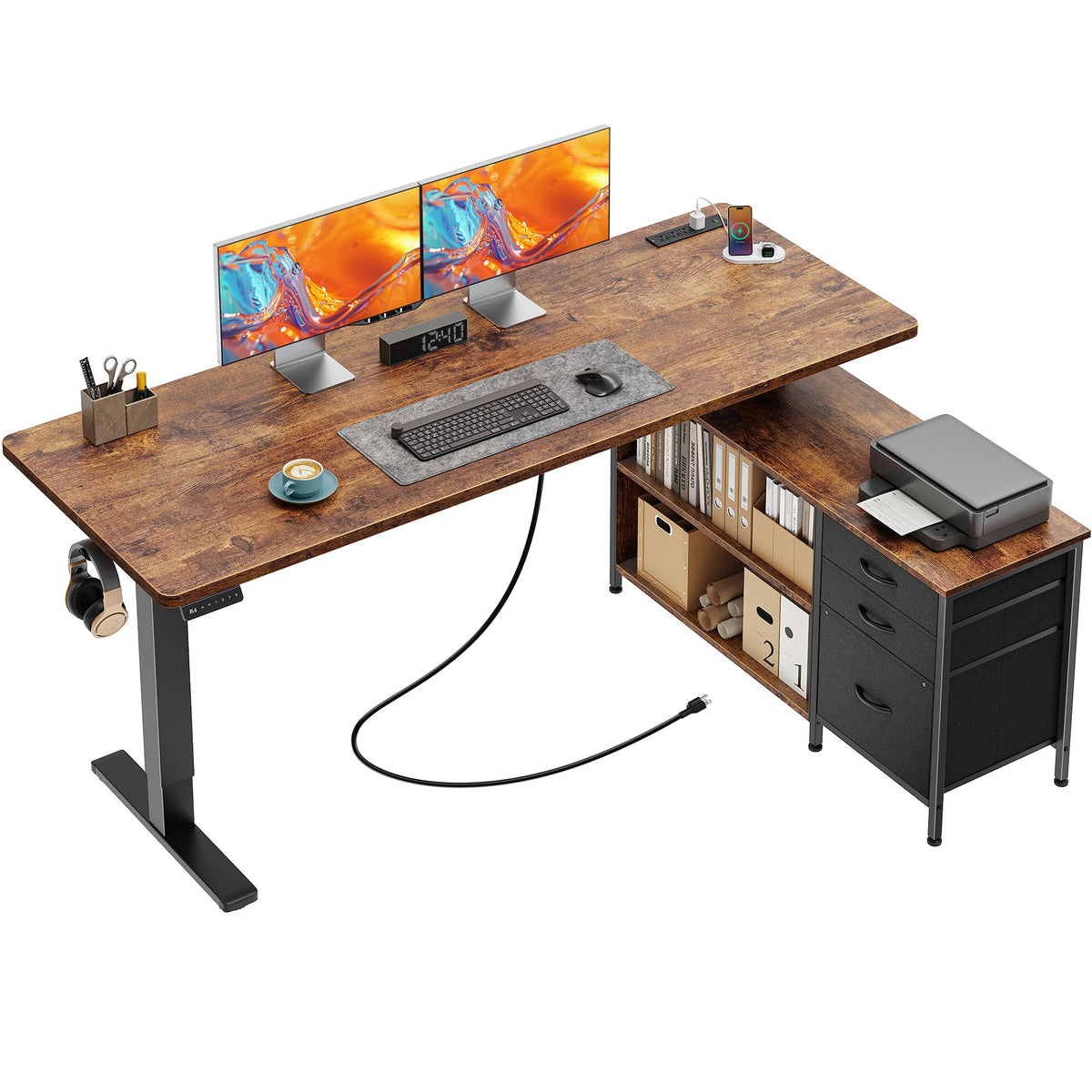 55.1'' L Standing Desk with Outlets, Cabinet, Shelves, Drawers S72045