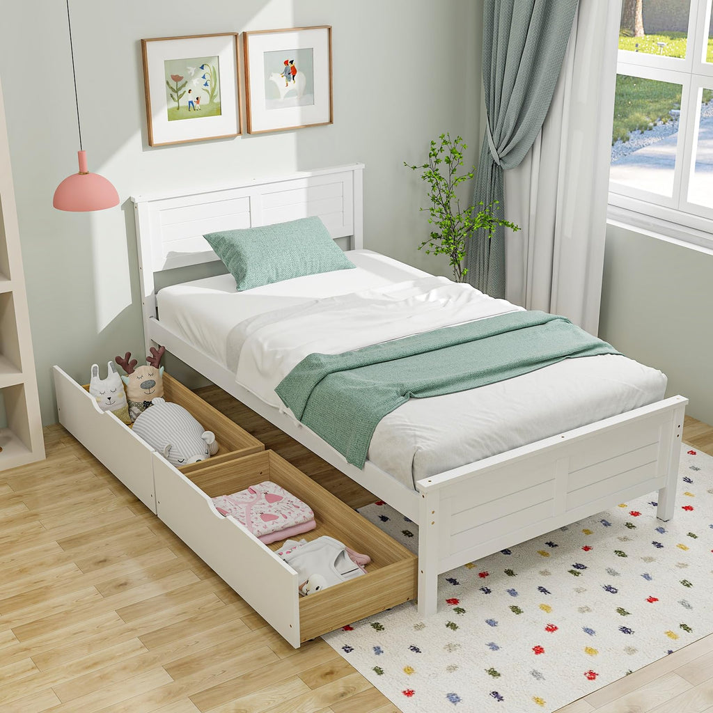 White Wood Twin Bed with 2 Storage Drawers Q782030