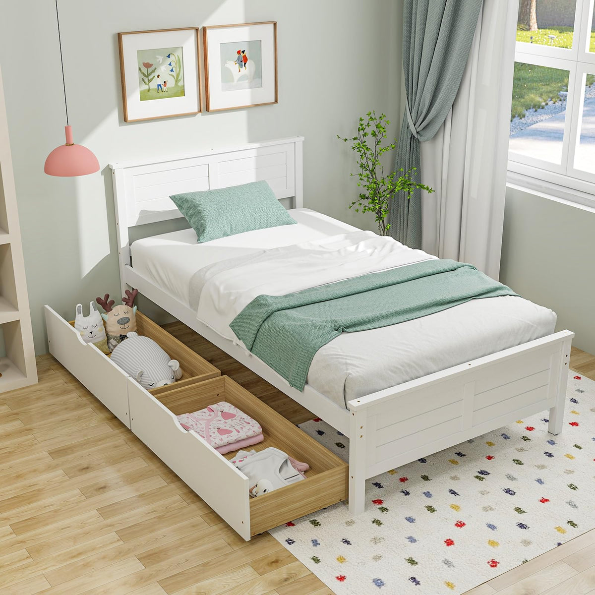 White Wood Twin Bed with 2 Storage Drawers Q782030