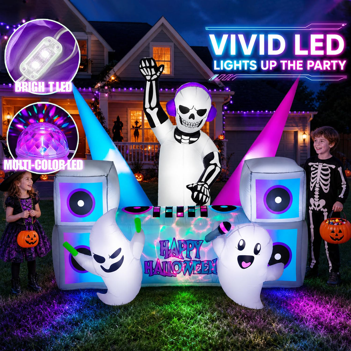 7FT Halloween Inflatable Skeleton DJ Ghosts with Multi-Color LEDs J850200