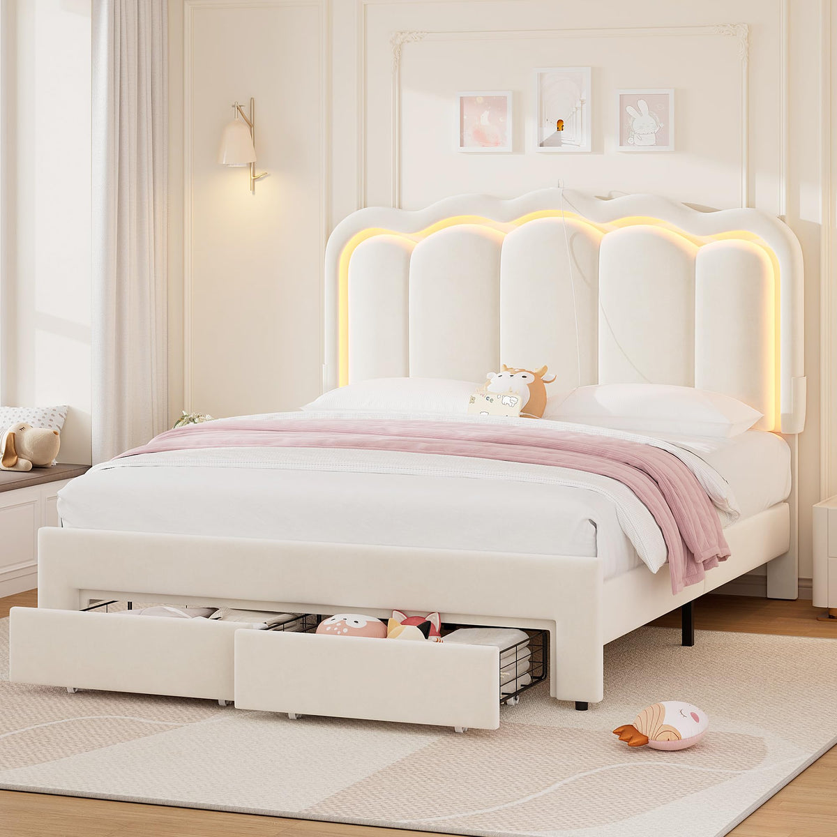 Beige Velvet Upholstered LED Bed Frame with 2 Storage Drawers M608