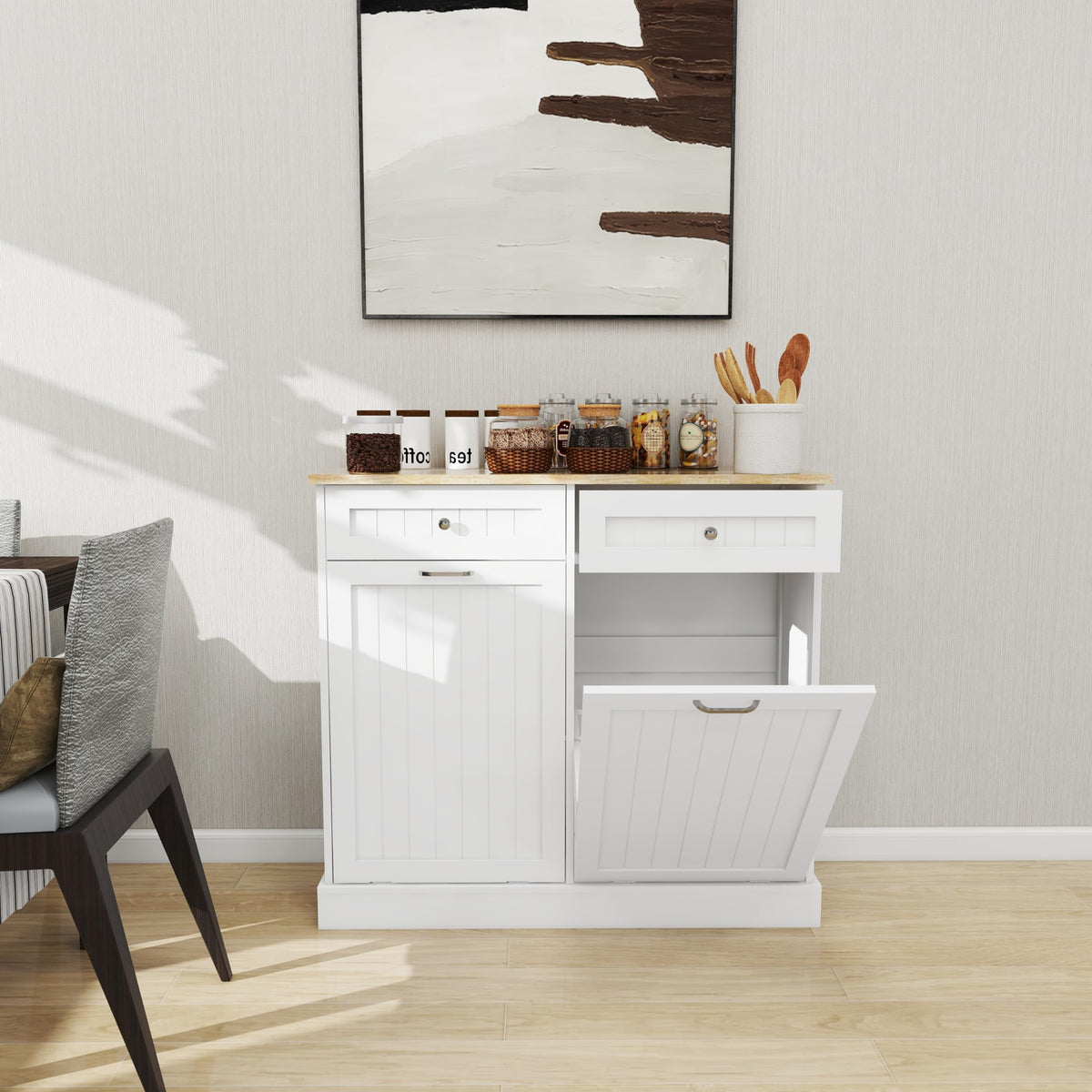 White 20 Gallon Wooden Tilt Out Trash and Recycling Cabinet B304