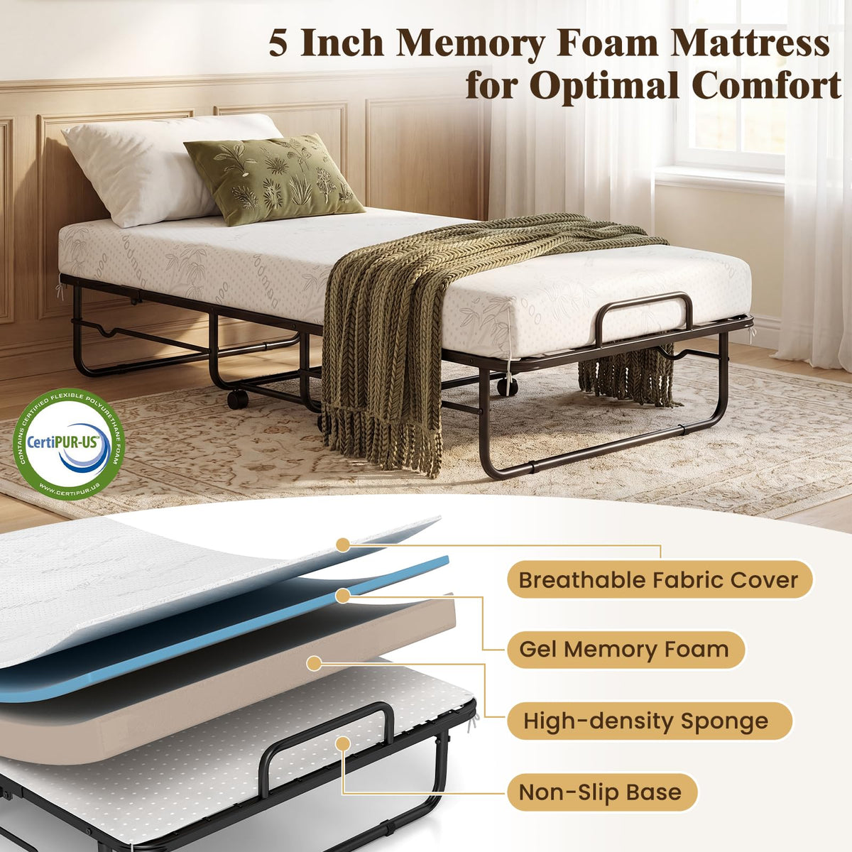 Folding Bed with 5-Inch Mattress, Twin Size Foldable Guest Bed with Metal Frame B43183