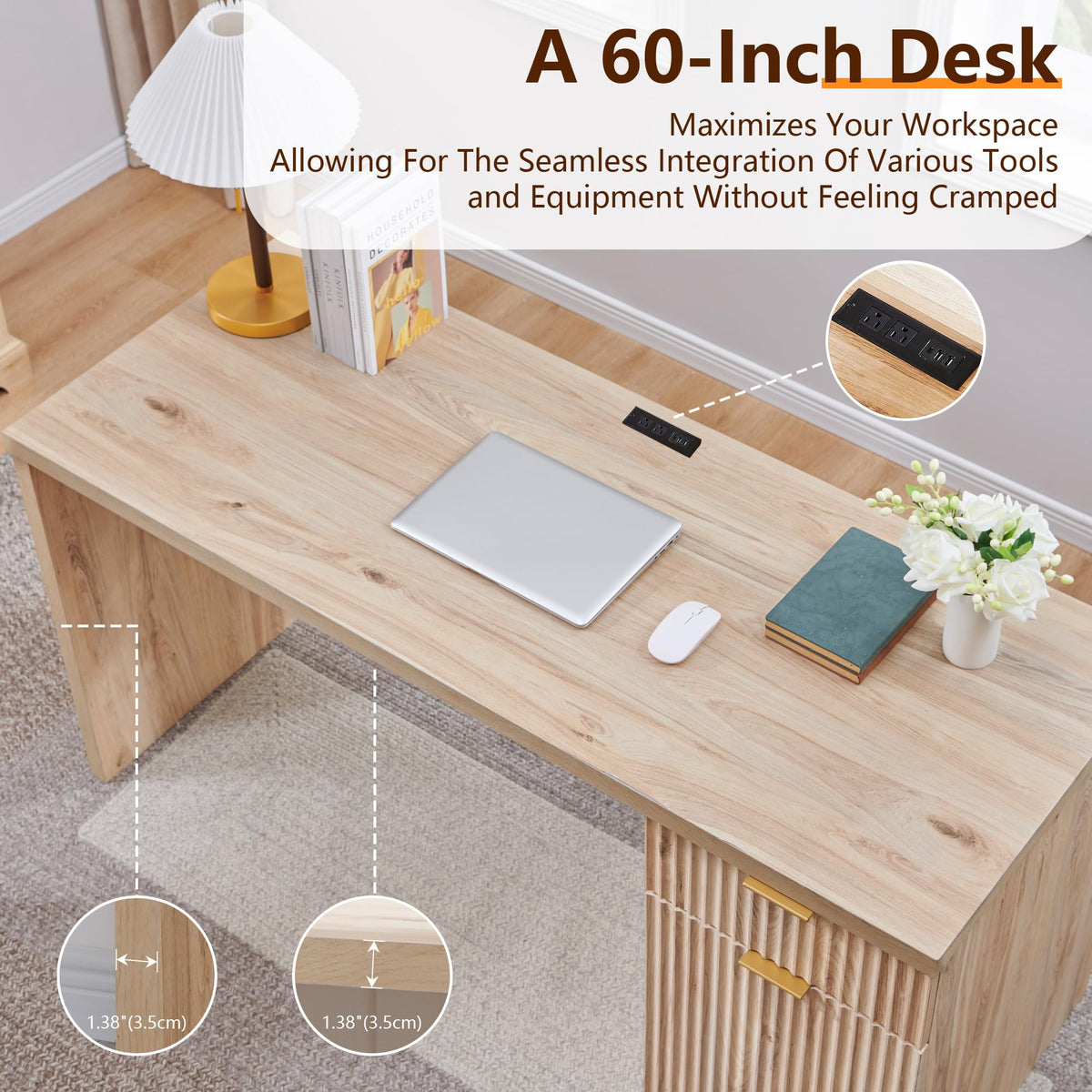 60" Fluted Desk with Cabinet and Built-in Outlet T56882